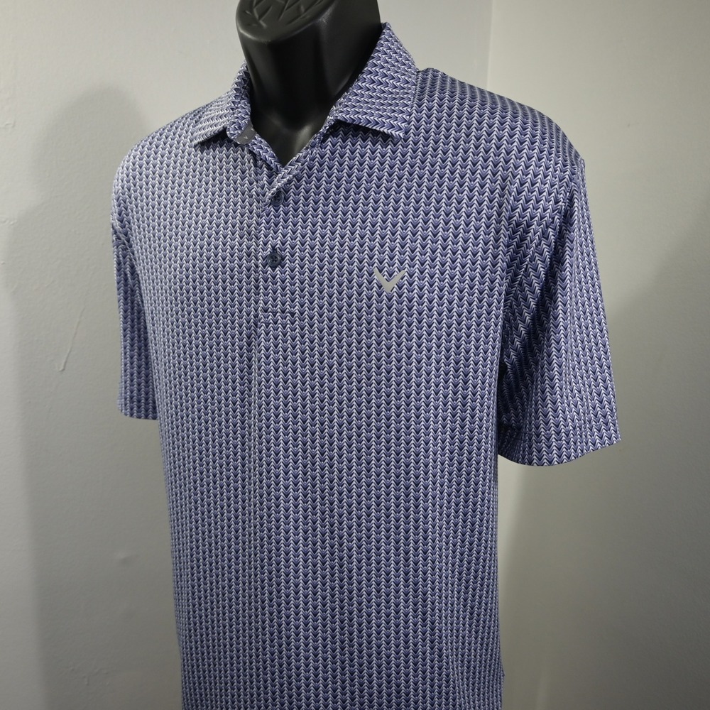 Callaway Polo Shirt Mens Large Blue Geometric Print Performance Short Sleeve - Picture 2 of 11